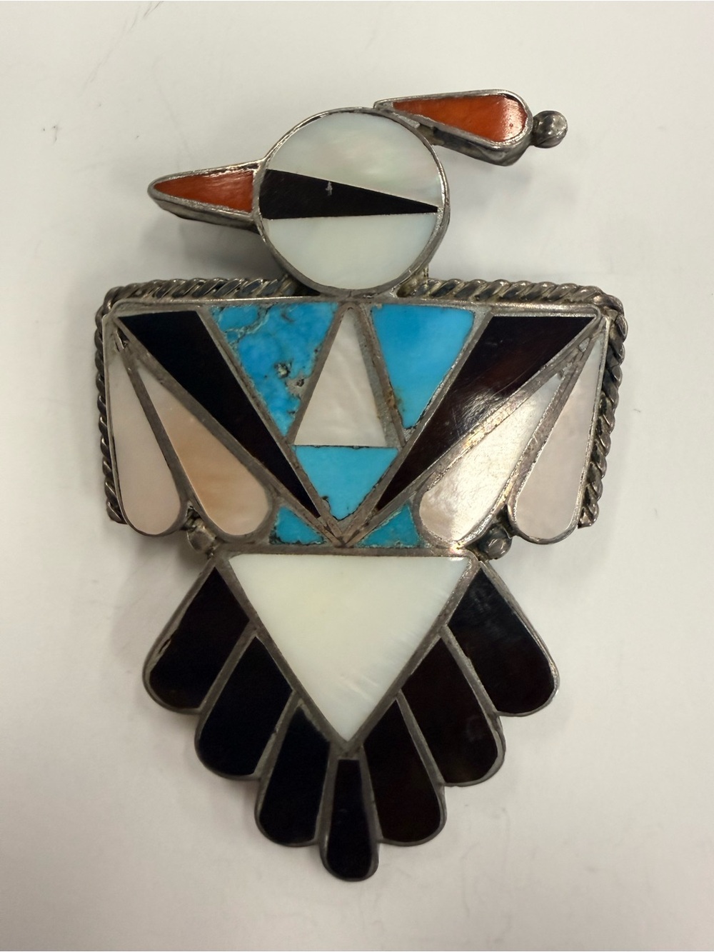 Vntg. Zuni Silver Inlay Thunderbird Pendant/brooch